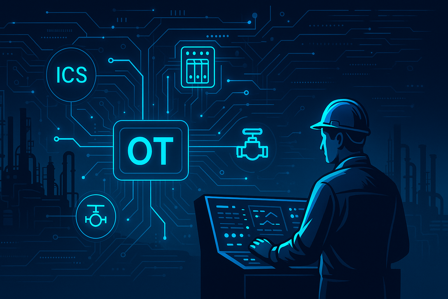 Mérnök OT vezérlőpanelen neonkék digitális rétegekkel